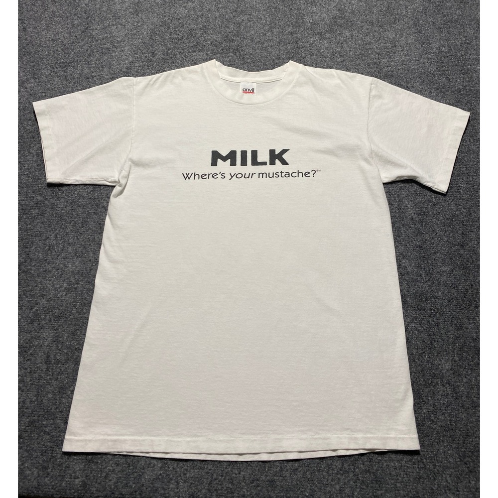 Vintage Got Milk Wheres Your Mustache T Shirt Large Anvil Red Tag USA Fabric